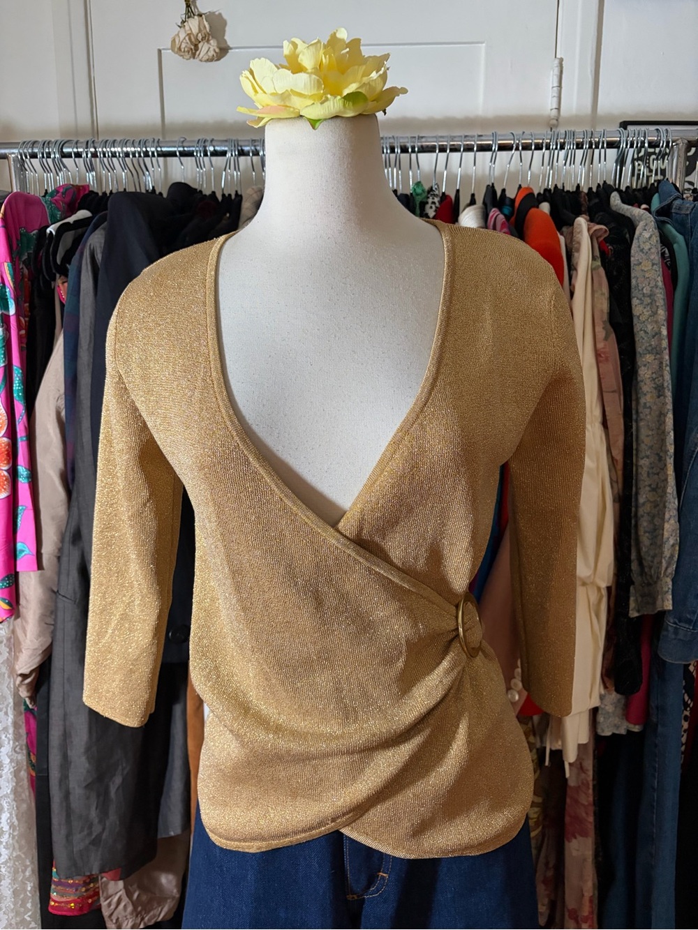 Lauren Ralph Lauren Gold Metallic Sparkle Faux Wrap Top Size L